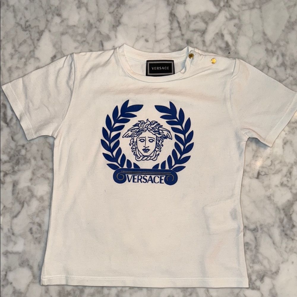 Versace Kids White Tee with Blue Medusa Logo 24M